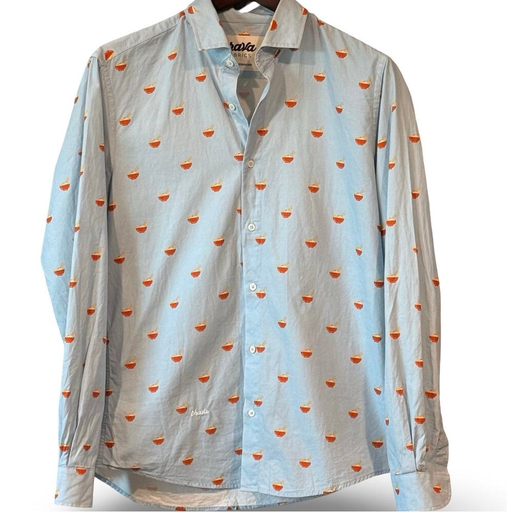 Brava Fabrics Ramen Bowl Shirt Mens Long Sleeve Button Down Light Blue Sz M